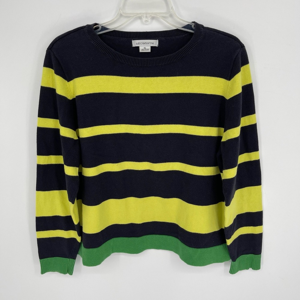 Liz Claiborne Women's Navy Yellow Striped Cotton Knit Crewneck Sweater Size XL